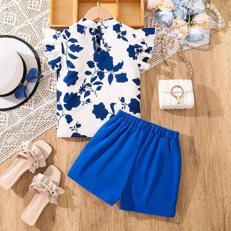 Royal Blue Outfit 2025 New Summer 8-12 Years Preteen Girls 2 pcs Printed Vest & Button Trim Skorts Fashion Korean Style Girls Se