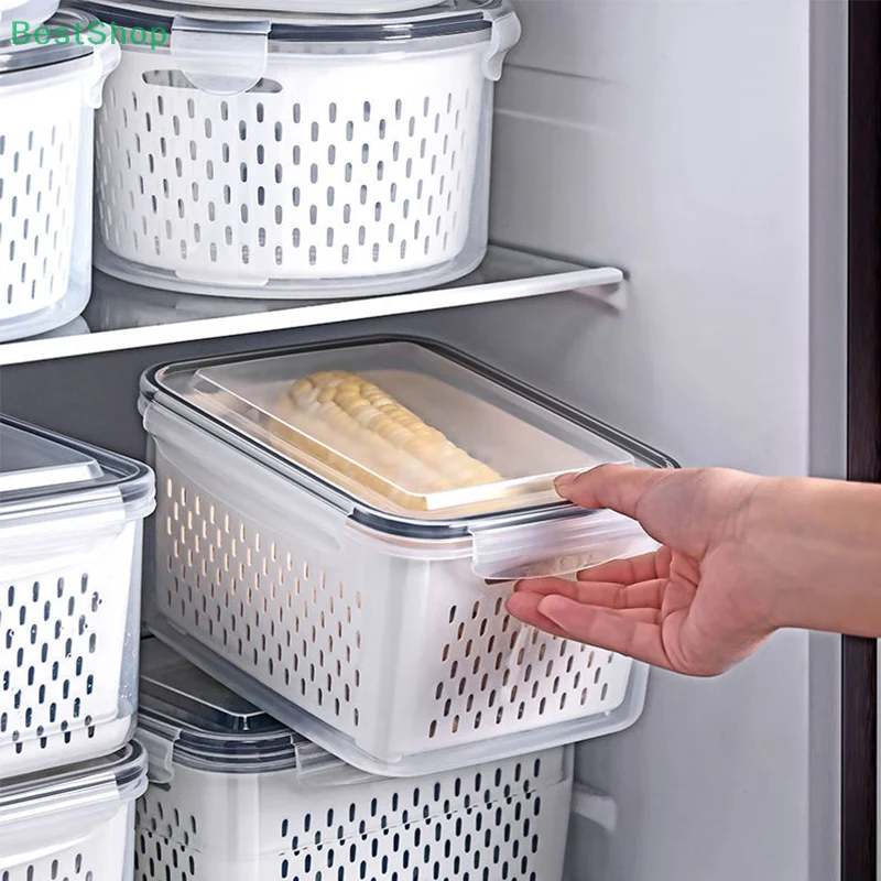 Refrigerator Storage Box Fridge Organizer Fresh Vegetable Fruit Boxes Drain Basket Storage Containers Pantry Kitchen Organizer