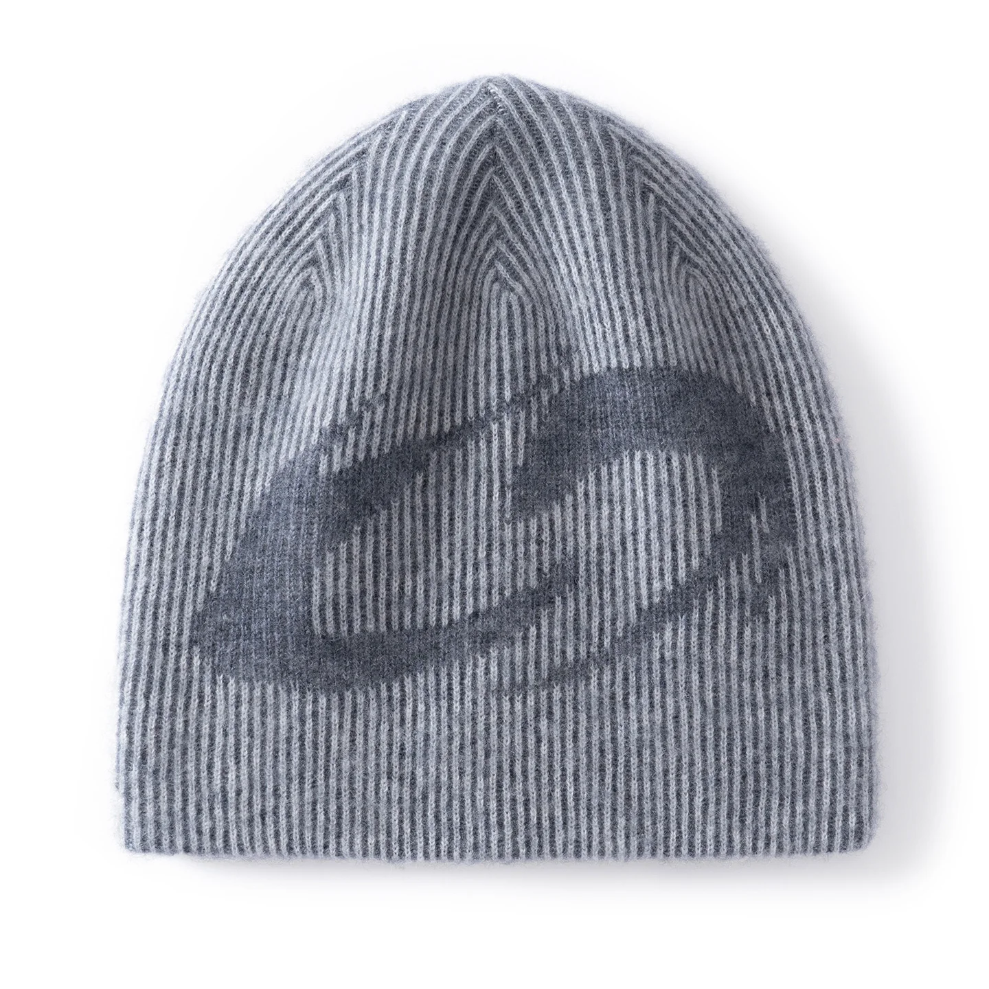 KOIJINSKY 35% Cashmere Blend Beanie Hat Women Lip Graphic Vertical Ribbed Grey Warm Winter Knit Cap