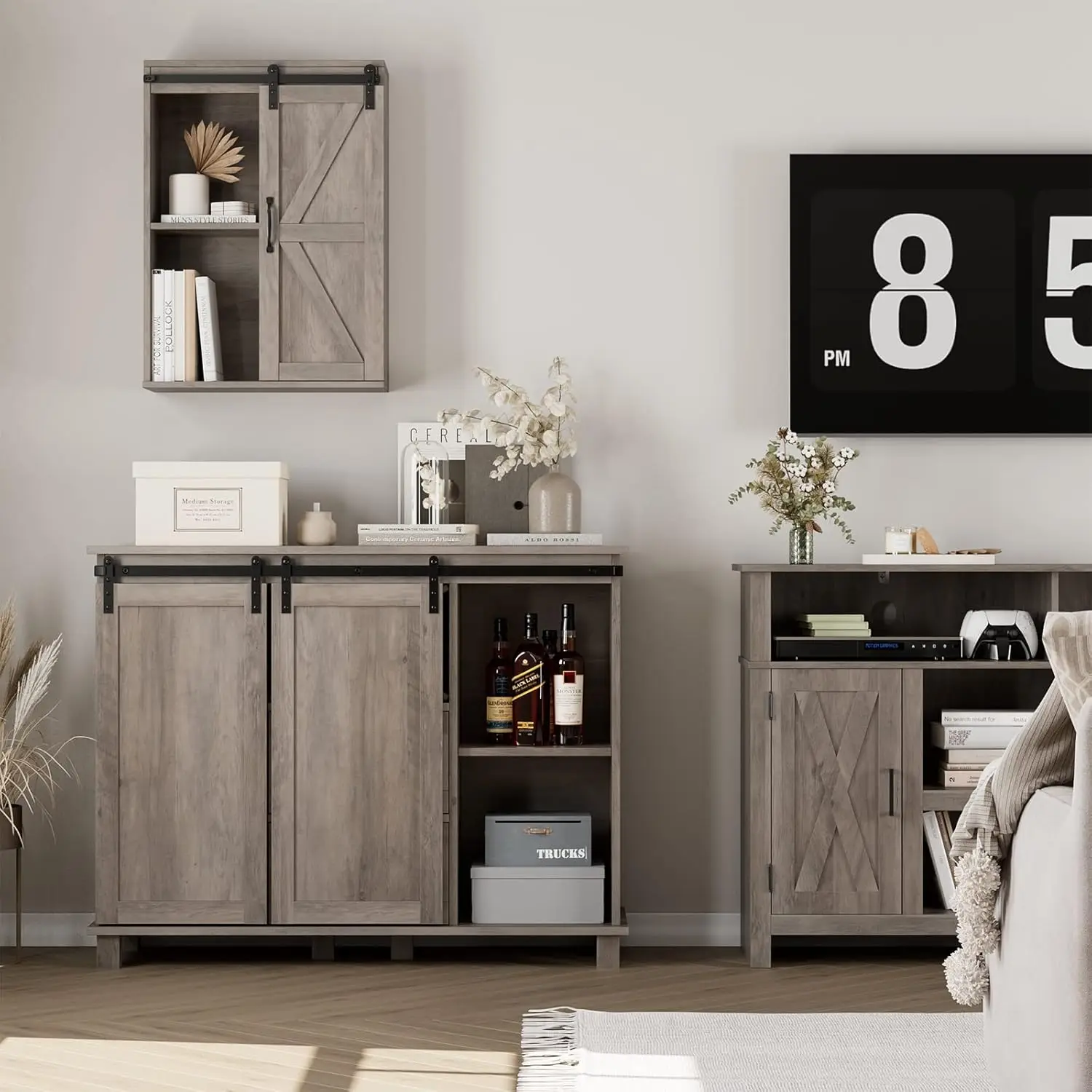 Farmhouse Buffet Sideboard, Coffee Bar Cabinet with Storage, Liquor Wine Cabinet with Sliding Barn Doors