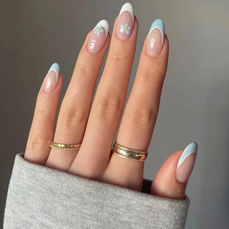24 pçs wearable unhas falsas dicas simples azul francês curto amêndoa imprensa em unhas define cor nude oval unhas falsas acabado manicure