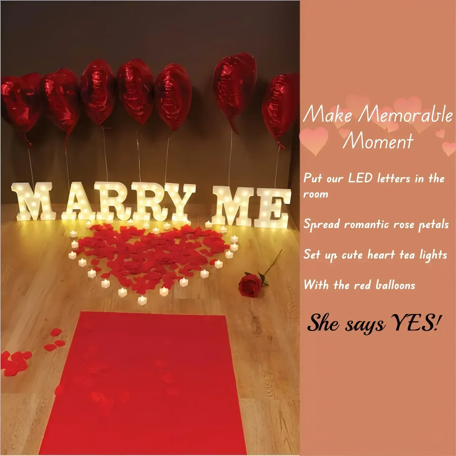 Marry Me Letters Proposal Decorations Will You Marry Me LED Sign Rose Petals Heart-shape Candles for Proposal Engagement Wedding