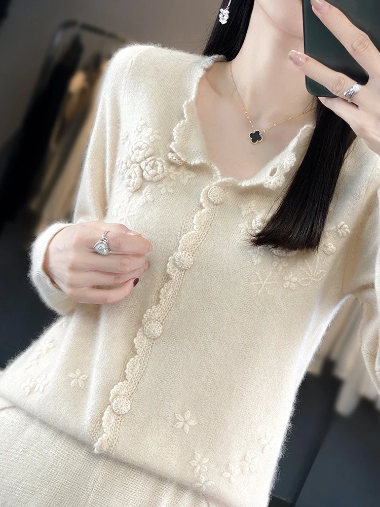 Women\'s Cardigan 100% Australian Wool O-neck Sweater Embroidered Button High Elegant Tops Skin Friendly Soft Comfortable Fashion