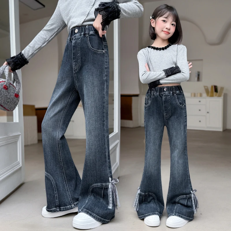 Kids Children Fashion Spring Bootcut Denim Pants For Girls Elegant Flared Jeans Trousers with Bow 5 6 7 8 9 10 11 12 13 14 Years