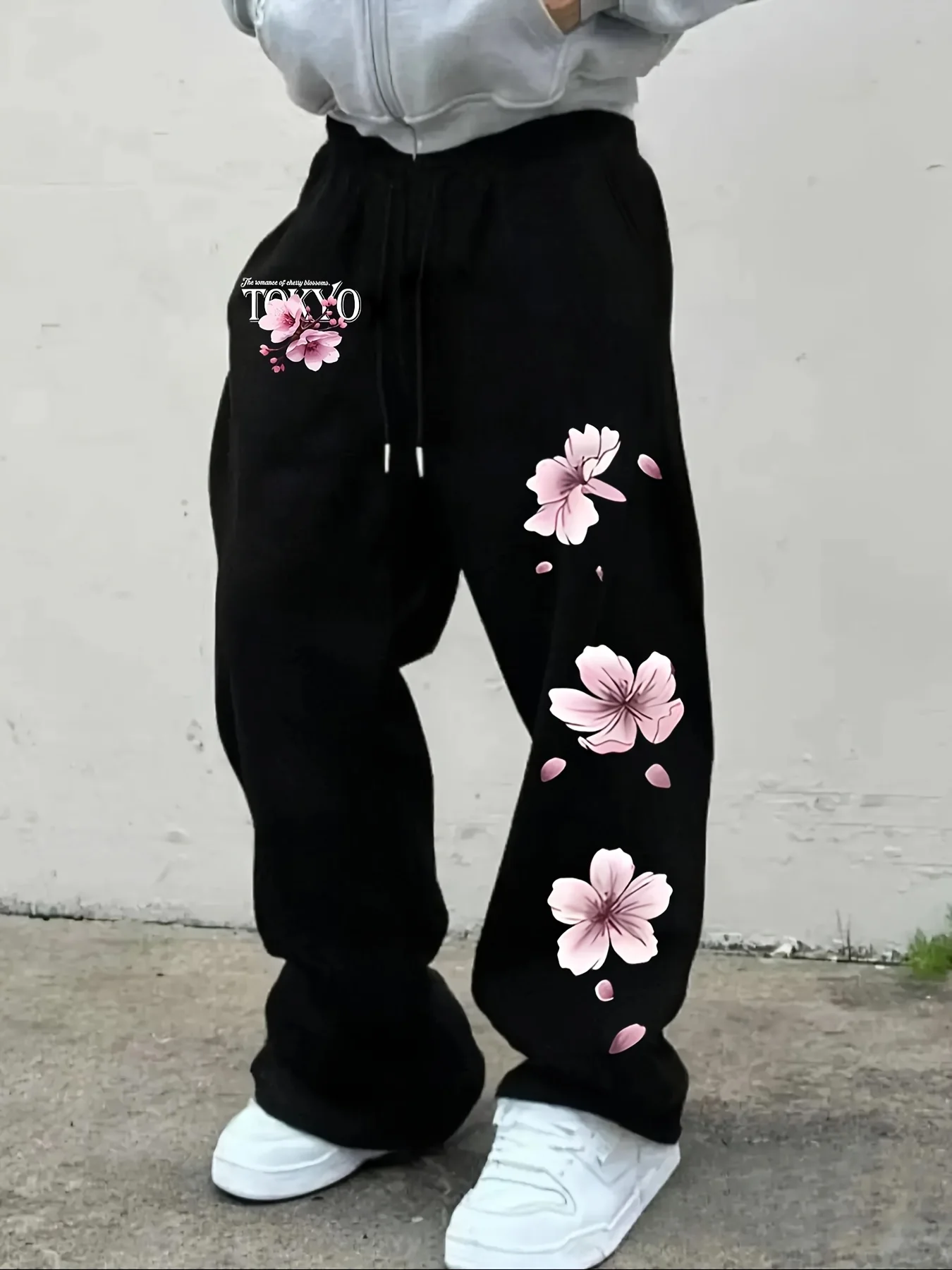 Men's Casual Sports Pants, Cherry Blossom Printed Sweatpants, Drawstring Wide Leg Casual Pants, Suitable for Men's Pants