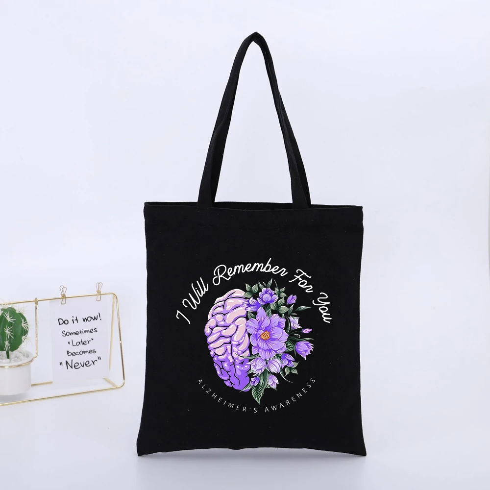 Brain and Floral Print Canvas Tote Bag, Casual Style for Daily Shopping and Awareness Events