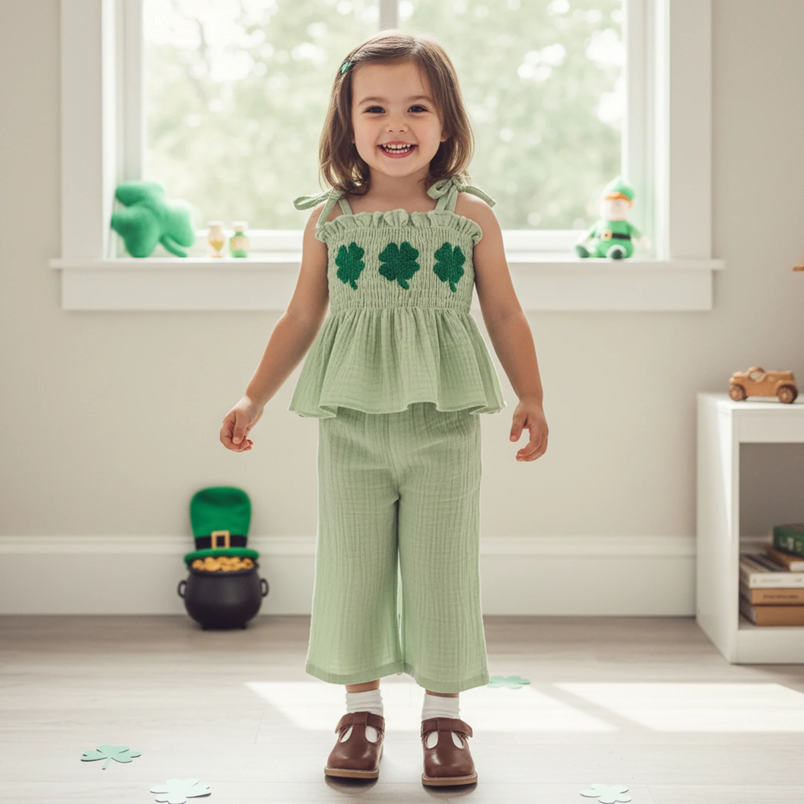 Toddler Girl Spring St. Patrick's Day Outfits Sleeveless Tie-up Strap Shamrock Embroidery Smocked Tank Tops + Pants 2Pcs Set
