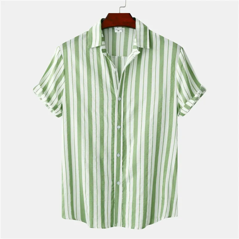 

Casual Button Up Shirts for Men Vertical Striped Short Sleeves Vacation Shirt Summer Light Green