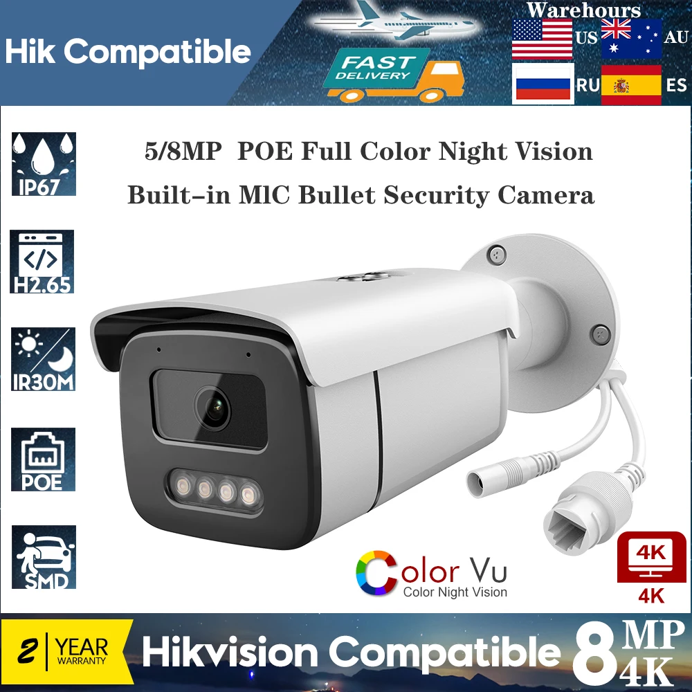 Hikvision Compatible 4K 8MP Full Color Night Camera ColorVu Bullet Security Camera 5MP PoE Built-in Mic Video Surveillance