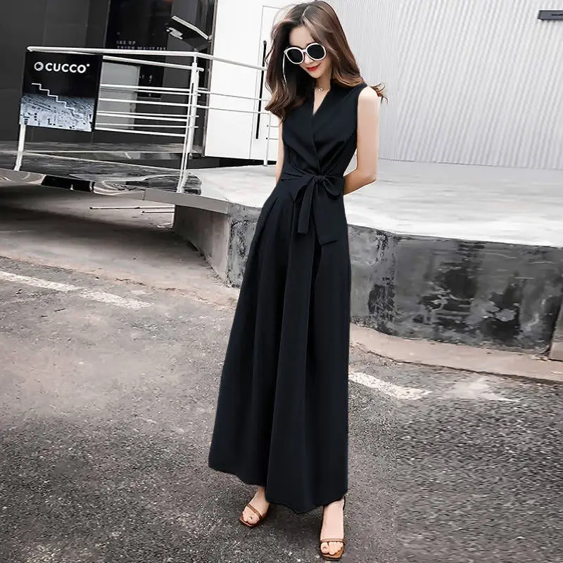 Büro Dame Overalls 2022 Solide Frauen Sleeveless V-ausschnitt Breite Bein Lange Hosen Strampler Damen Bowknot Spitze-up Plus Größe hosen