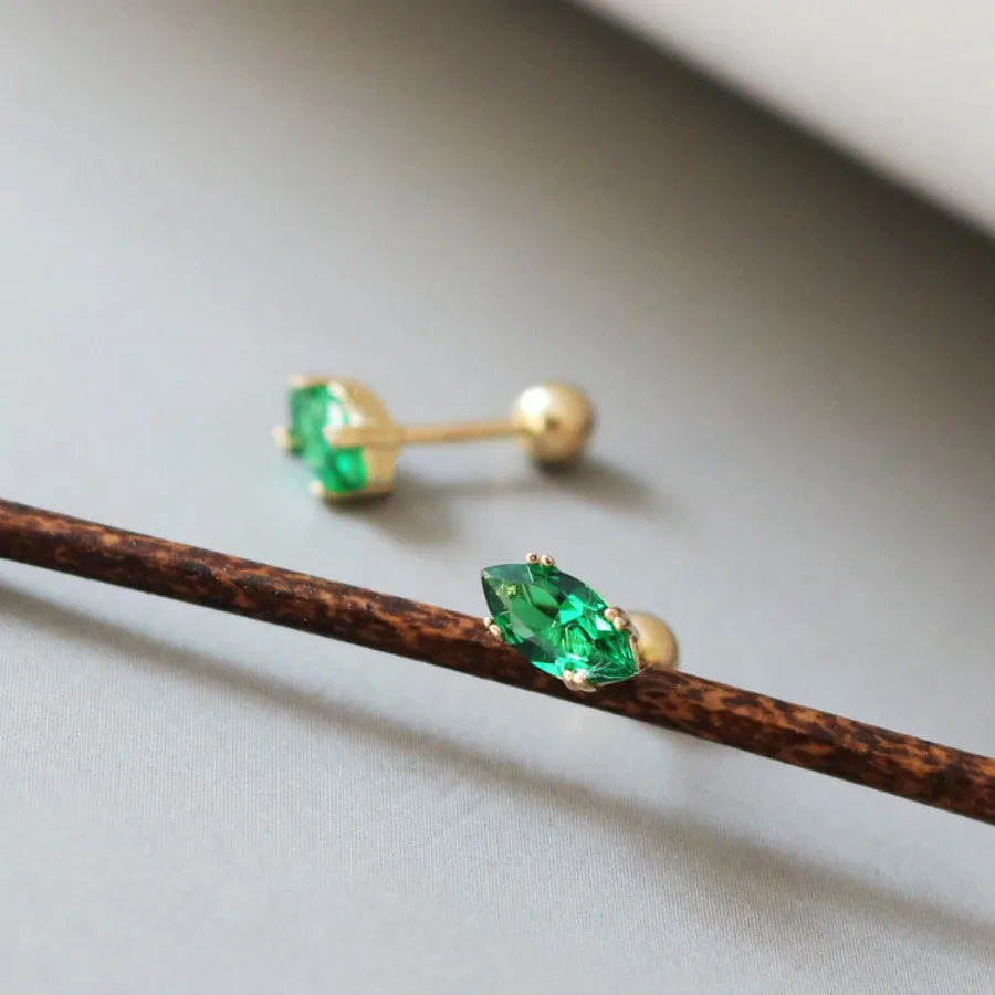 925 Sterling Silver Small Rice Grain Geometric Stud Earrings for Women Emerald Green Oval Korean Earring Wedding Luxury Jewelry