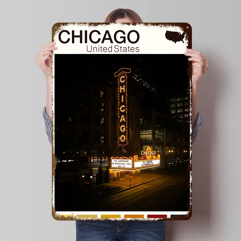 CHICAGO TRAVEL Metal Poster Custom Wall Art Retro Vintage Tinplate Signs for Man Cave Decoration Home Decorations Office Decor