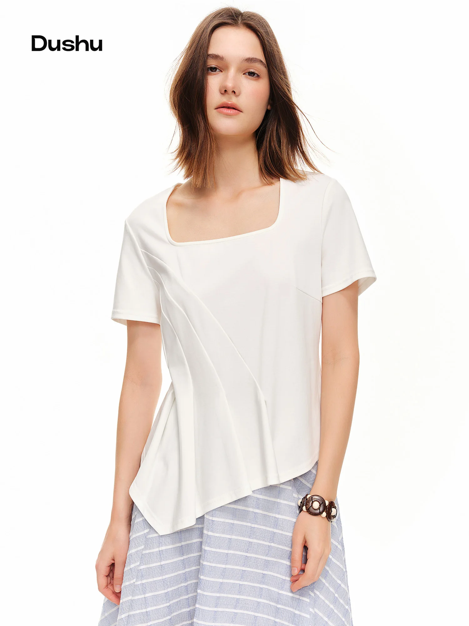 DUSHU 3D Pleated Waist-cinching T-shirt Women Solid Slim Fit Special Chic All-match 2026 Summer Pastil Cool Top Soft