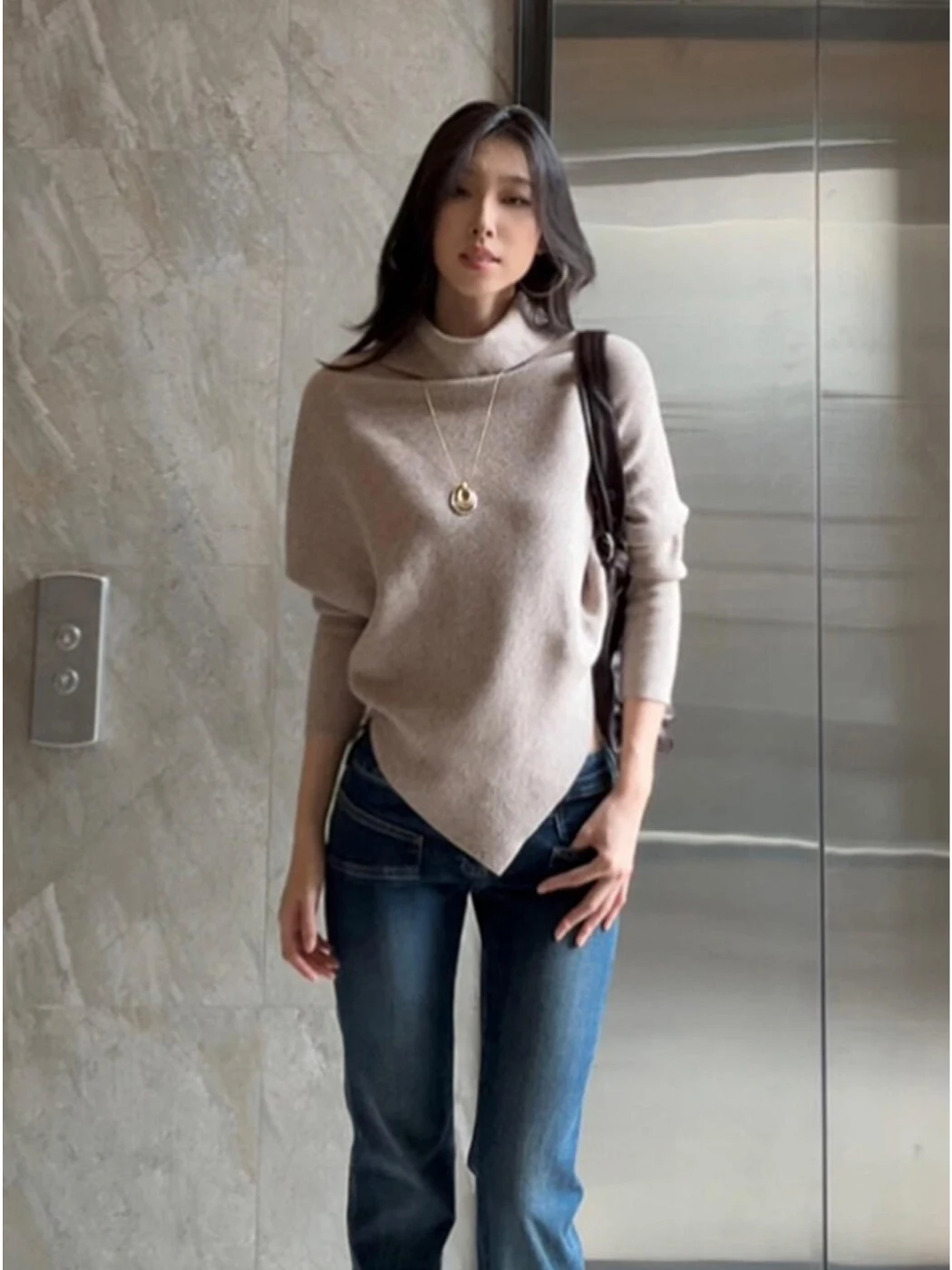 

Korean Sle Asymmetric High Collar Hooded Knitwear Women's Autumn Winter Lazy Sle High-End Feeling Inner Wear Top