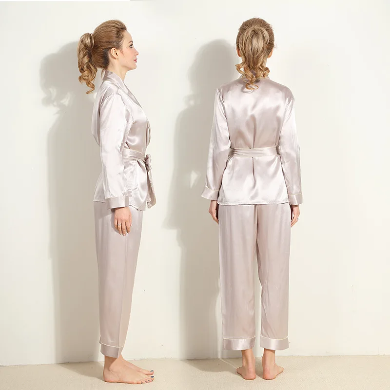 Women\'s 100% Pure Silk 16 momme satin silk Pajama Set With Belt Sleepwear Nightgown M L XL YM008