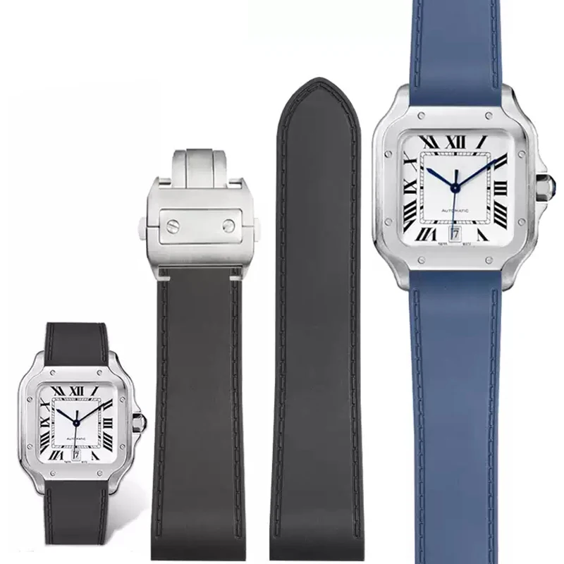 

23mm 25m For Cartier santos100 Santos silicone rubber watch strap santos 100 Metal buckle watchband men Black blue soft bracelet