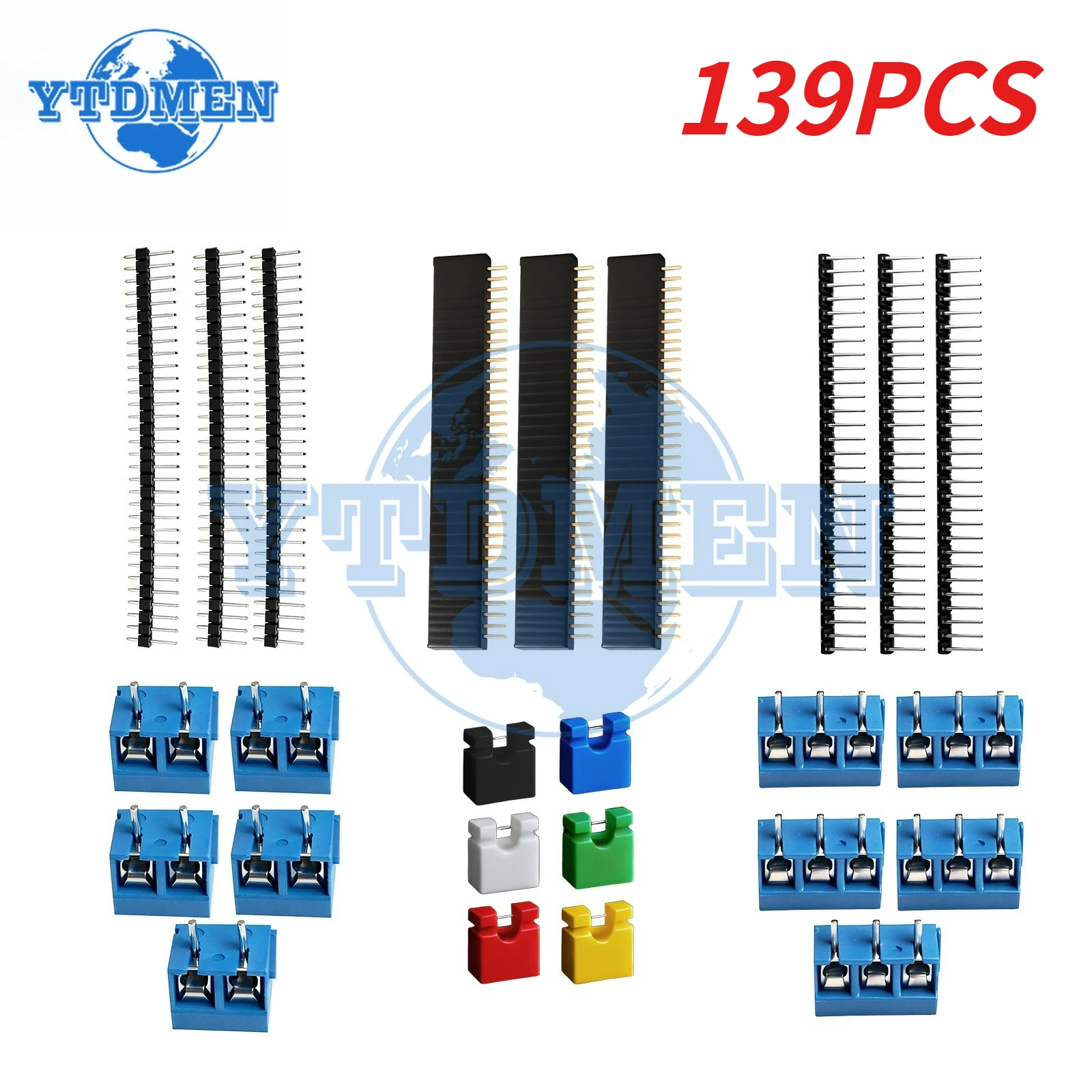139PCS 40 Pin 1x40 Single Row Male and Female 2.54 Breakable Pin Header + Jumper Cap + KF301 Straight Pin 2P 3P for PCB Board