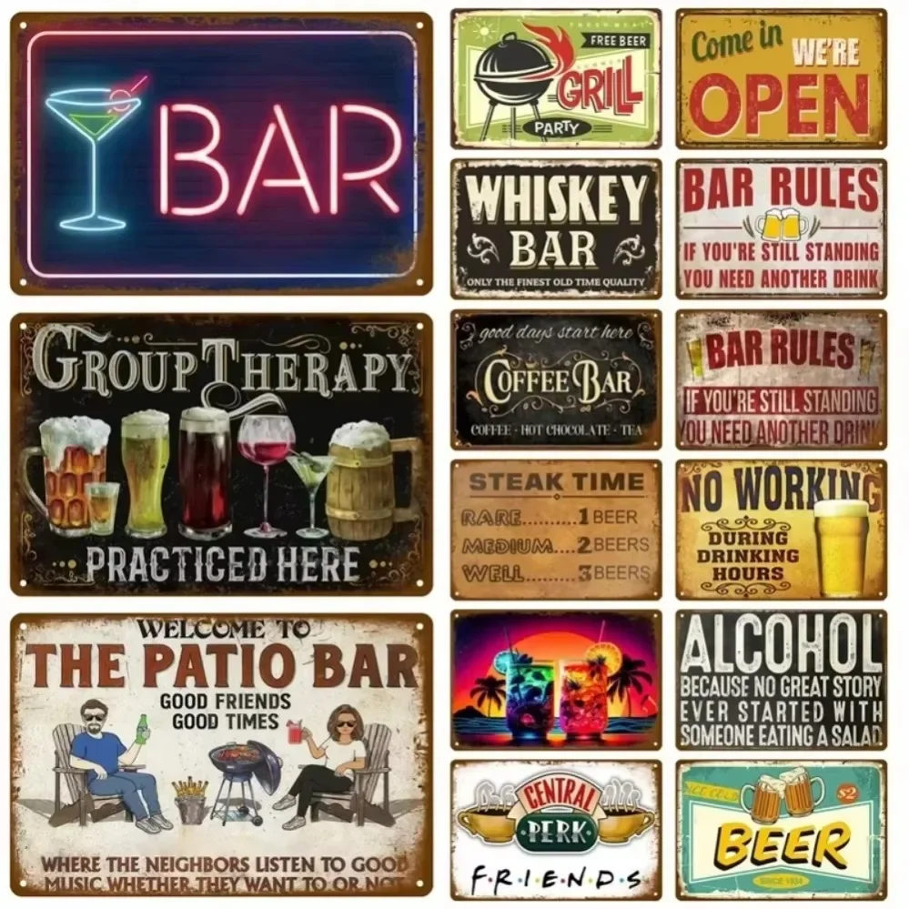 ديكور القصدير من ماركة DrinkHeritage الكحولية الرجعية: لوحة معدنية تعرض فن النبيذ والبيرة القديم