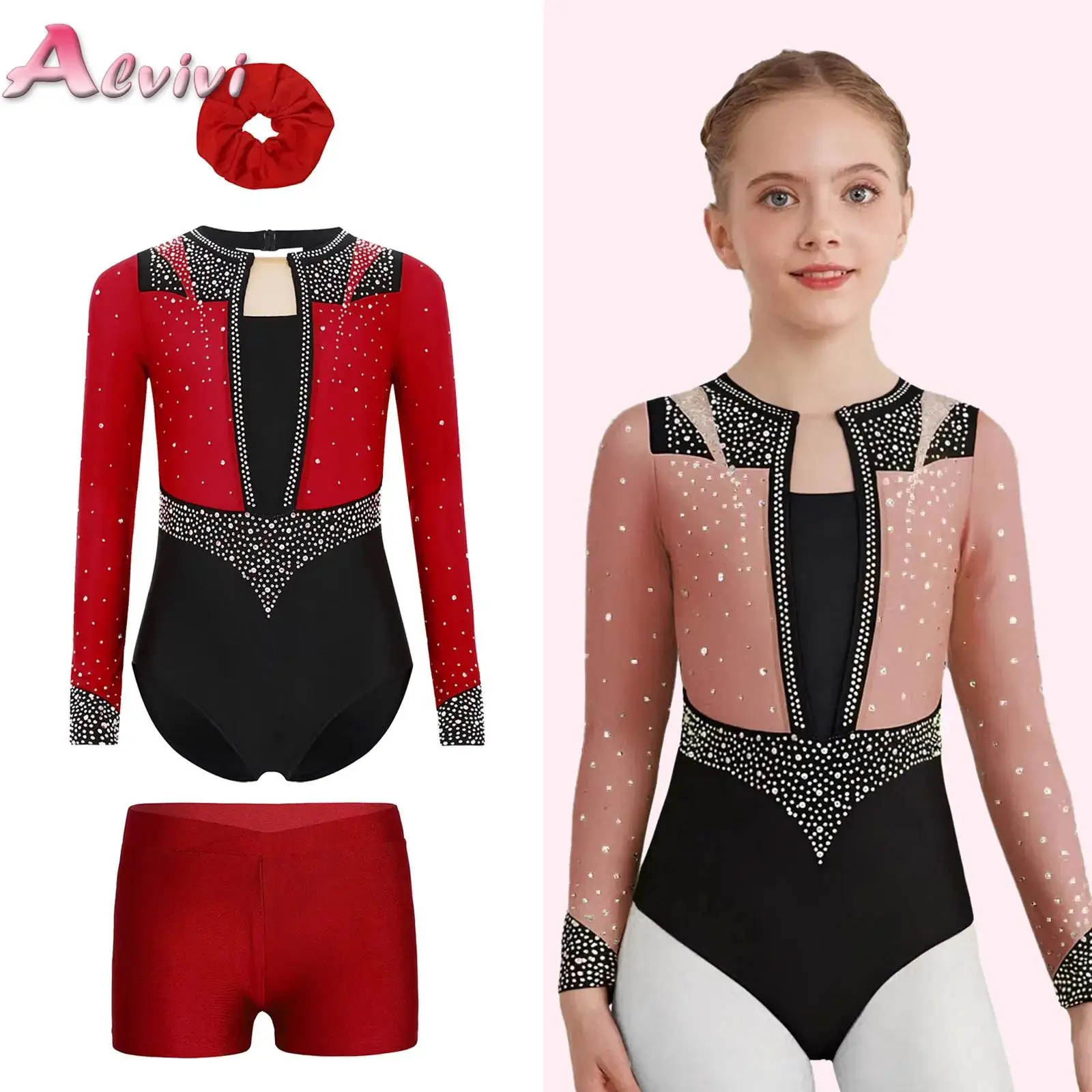 

Kids Girls 3-Piece Gymnastics Figure Skating Dance Outfit Long Sleeve Shiny Rhinestones Leotard with Shorts and Hair Band Set