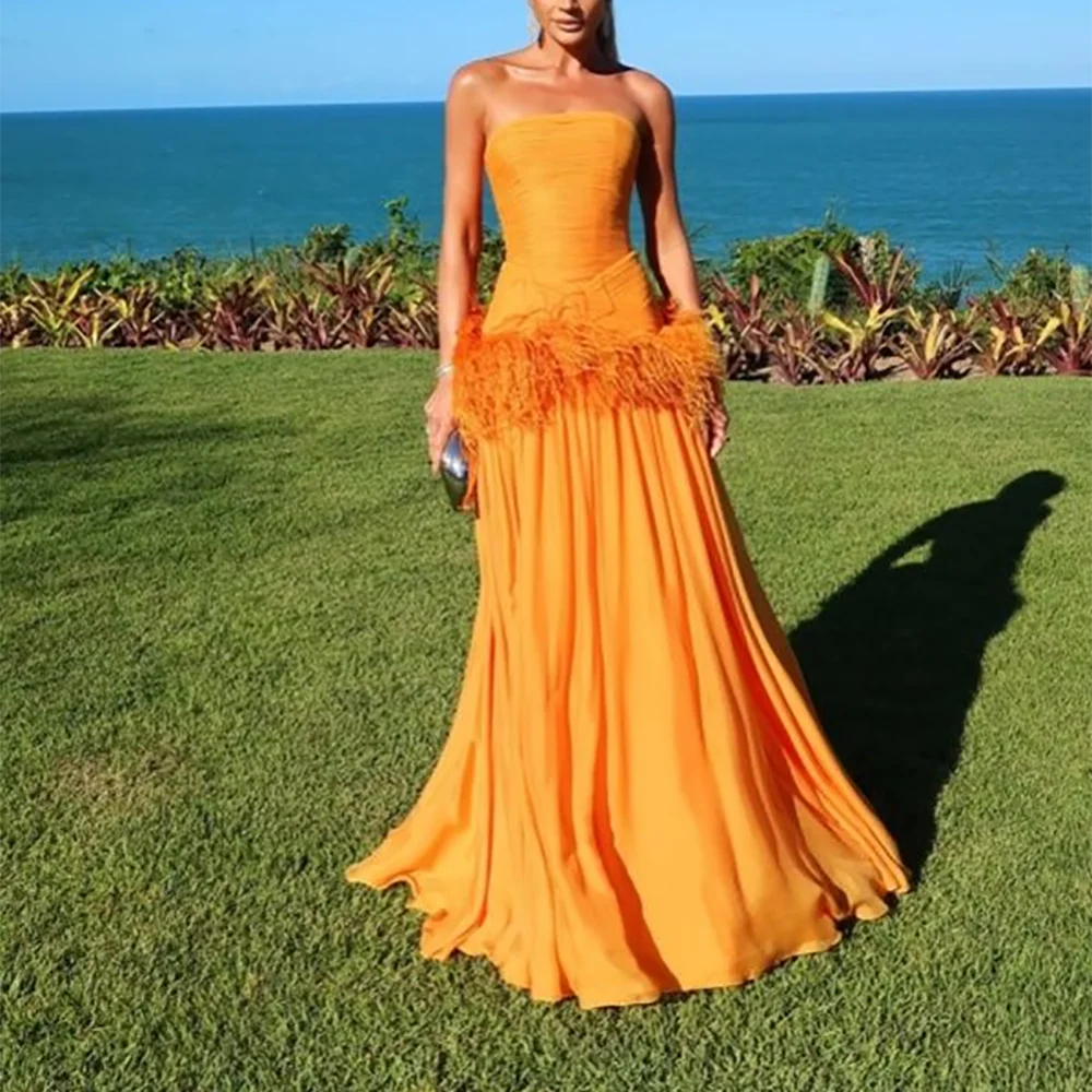 Classic Strapless Evening Dresses For Women Sleeveless A-Line Long Dress Floor Length Luxury Feather Cocktail Party Gown