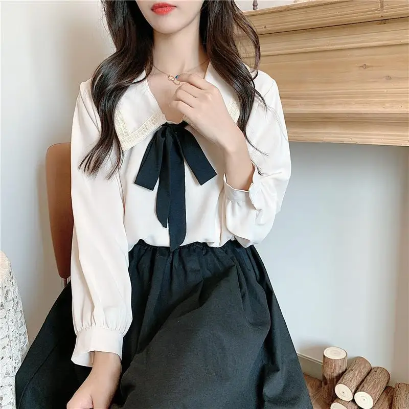 Gidyq Fashion Women Chiffon Shirts Korean All Match Bow Loose Tops Y2K Casual Elegant Female Cute Long Sleeve Blouse Spring New