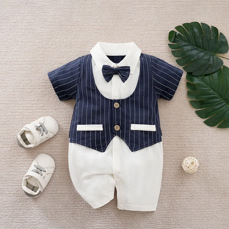 Summer newborn Baby dark blue Short Sleeved Gentleman Cotton Striped Fashion Jumpsuit Handsome Bow Tie 0-12 Months kids jumpsuit