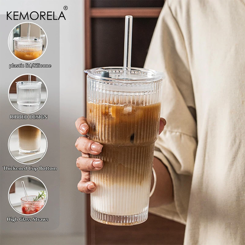 KEMORELA 590MLRibbed Glass Tumblers with Lids and Glass Straws 4PCS Glassware Set Ideal Iced Coffee Smoothies Juice Cocktails