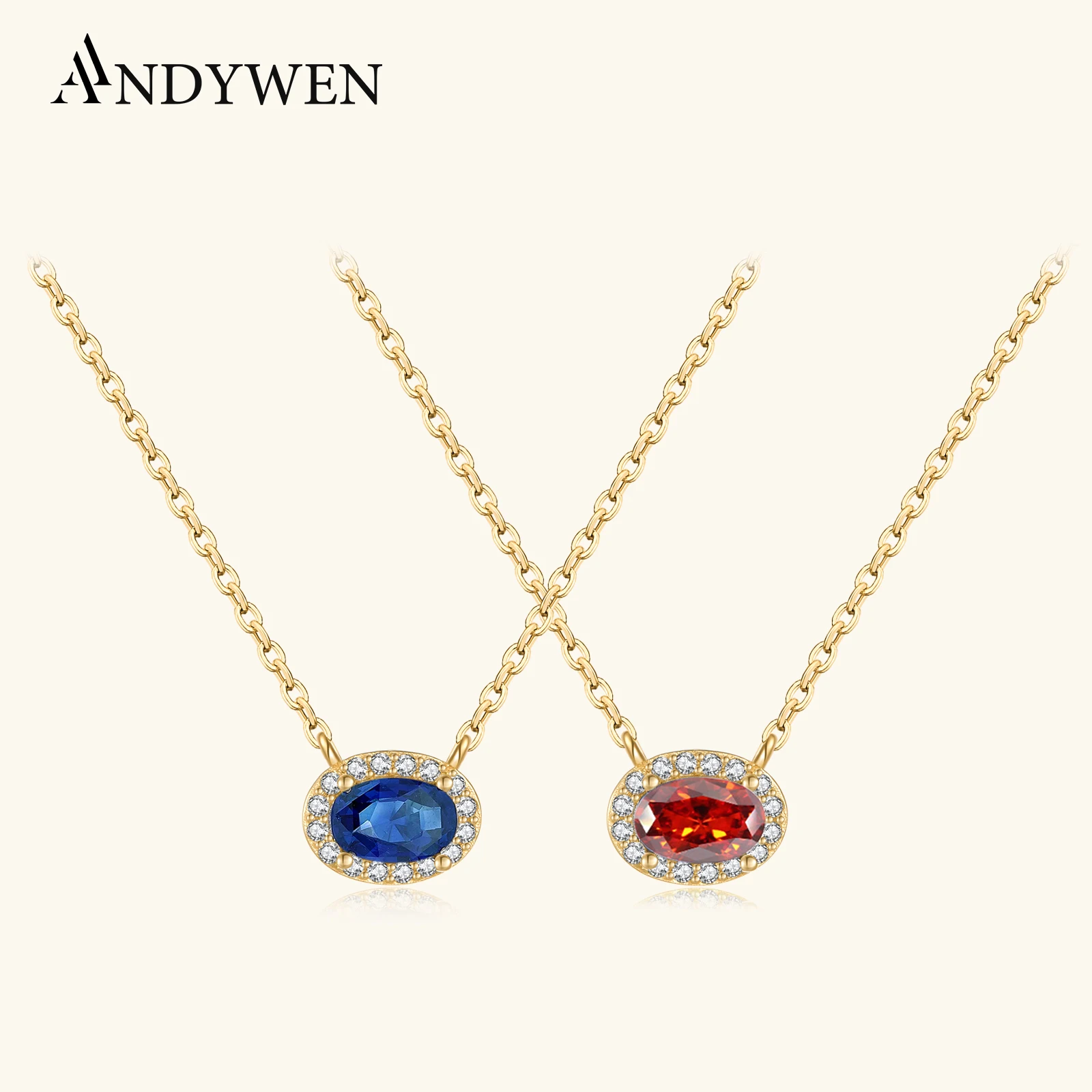 

ANDYWEN Новый Стерлингового Серебра 925 Синий Красный CZ Циркон Овальный Кулон Длинная Цепочка Ожерелье 2024 Кристалл Женщины Роскошные Изящные Ювелирные Изделия