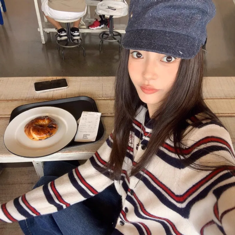 

Women's Long Sleeve Knitted Sweater Striped Color Block Fashionable Autumn New Style Casual Cardigan Top Trendy Ins Style