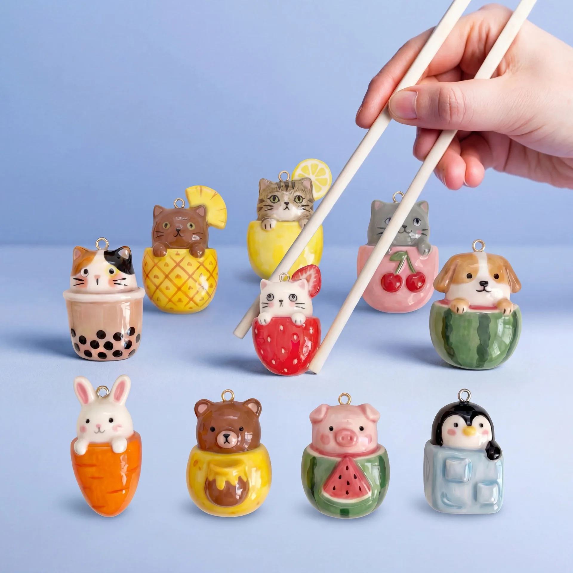5Pcs Lovely Mini Kitten Bunny Charms Fruit Dessert Animal Pendants DIY Handmade Necklace Bracelet Jewelry Supplies