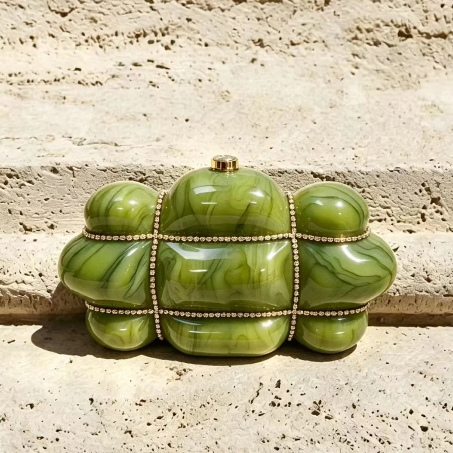 Acrylic Party Clutch Bag Rhinestone Cross Strap Evening Formal Handbag Olive Green Pearl color Purse For Women