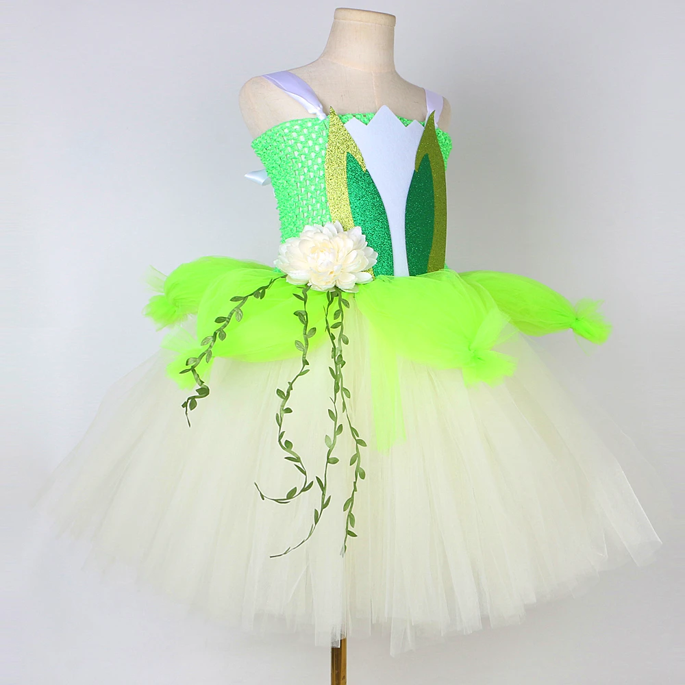 3 Layers Frog Princess Tiana Costumes for Girls Lotus Flower Fairy Tutu Dress with Wings Kids Christmas Halloween Fancy Outfits