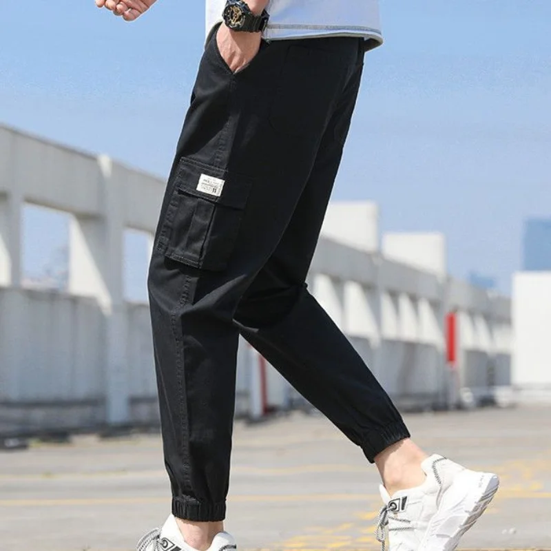 

2023 New Men's Clothing Trousers Cargo Mid Waist Drawstring Slim Spring Autumn Casual All-match Solid Color Pockets Pants