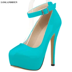 Super High Heels 14cm Platform Shoes Women Candy Color Patent Leather Pumps Autumn Shallow Fashion Buckle Party Dress Shoe Woman
