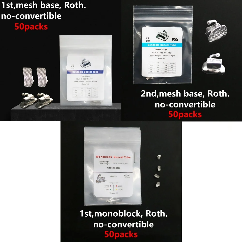 50Packs 4Pcs/Pack Dental MonoBlock/Mesh Base Roth 1st/2nd Molar Non-convertible Buccal Tube 022