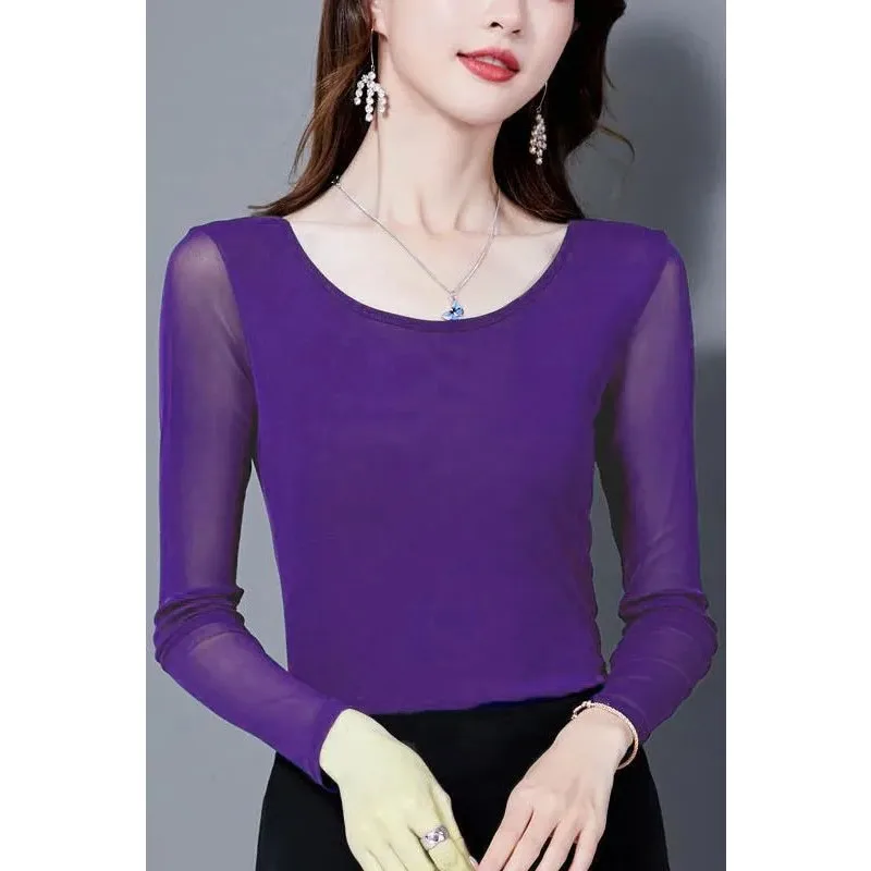 

Новая весенне-осенняя сетчатая нижняя рубашка для женщин, корейская версия, универсальная маленькая рубашка с круглым вырезом, газовый тонкий облегающий топ