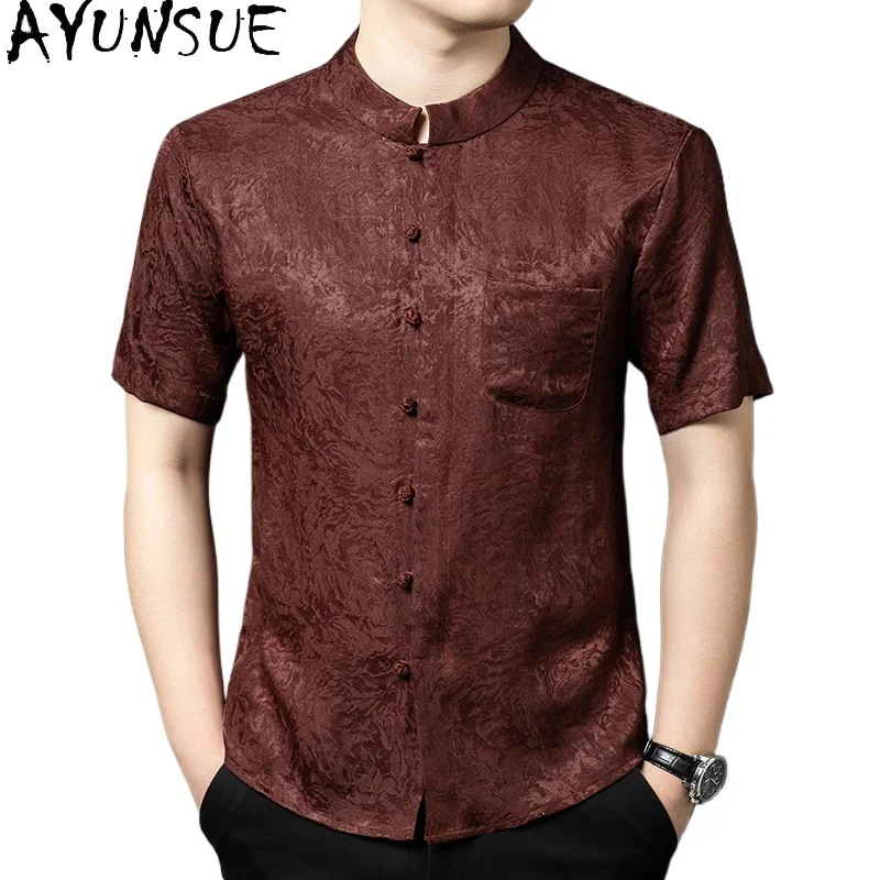 

AYUNSUE Real Gauze Silk Shirt for Man 2026 Fashion Summer Tops Short Sleeve 100% Mulberry Silk Shirts Casual Streetwear Chemise