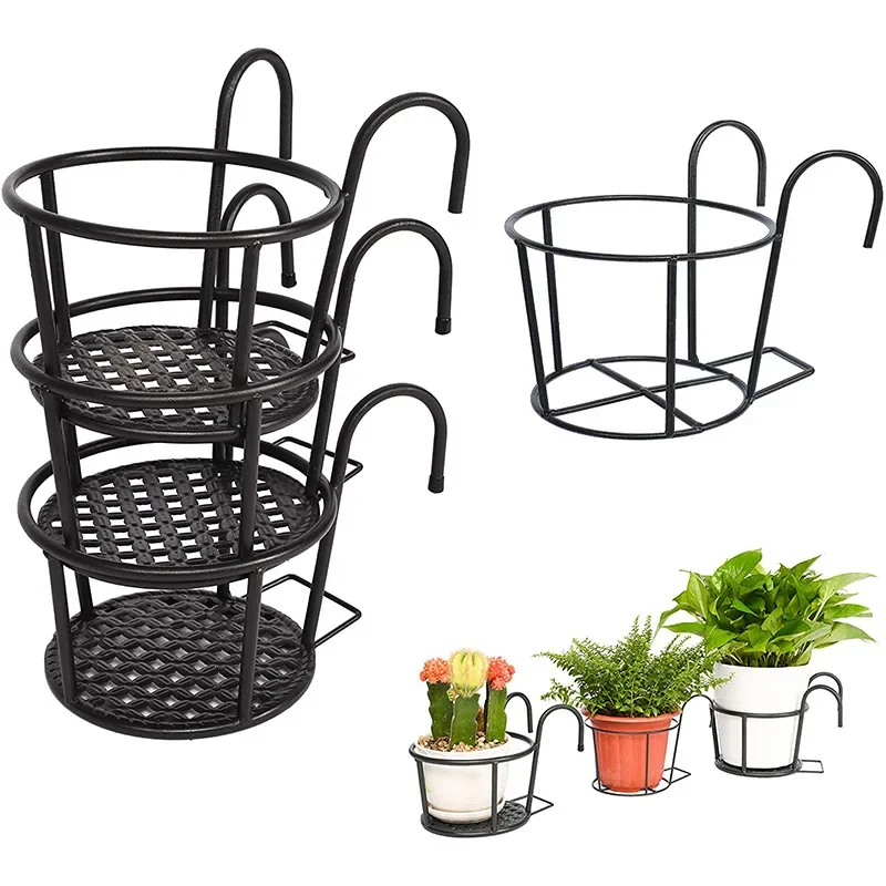 Flower Pot Basket Iron Art Round Hanging Rack Fit Balcony Railing Fence Window Outdoor Bonsai Plant Decor Accessory