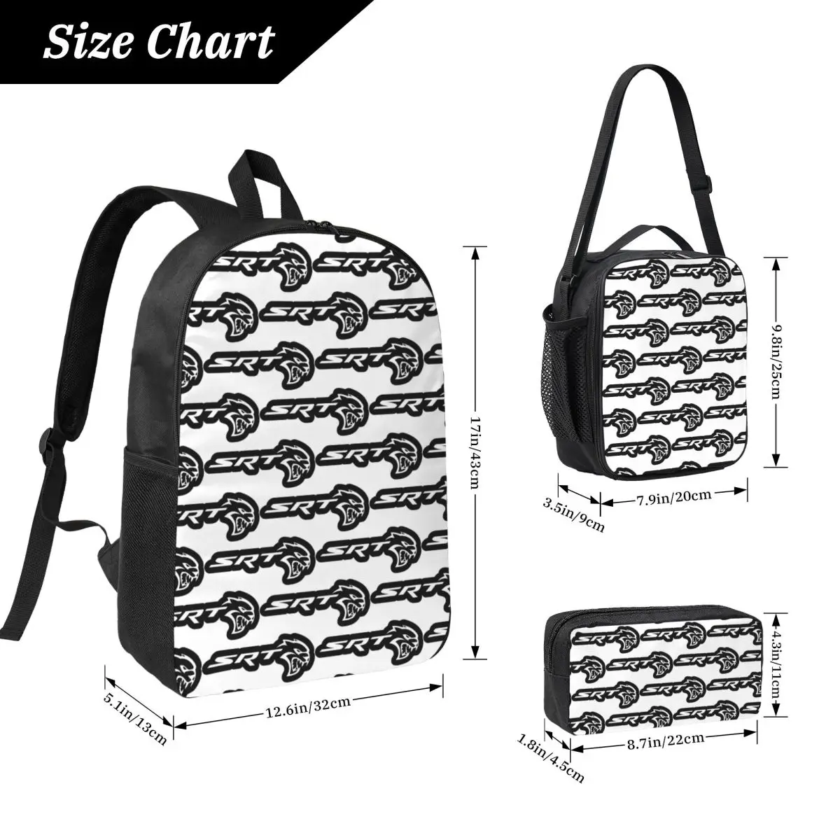 SRT Hellcat Demon Dodge Challenger Car Racing Backpack Student Boys Girls BookBag School Bag 3ps Insulated Lunch Bag Pencil Case