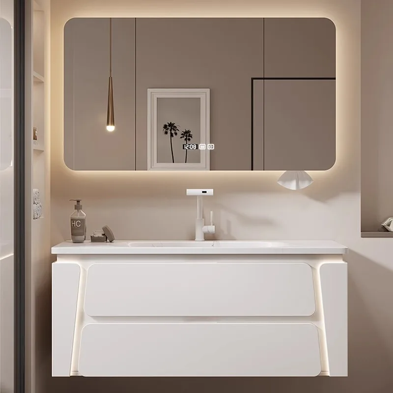 

Ceramic integrated basin, cream wind oak smart mirror, washing table, hand and face pool customization