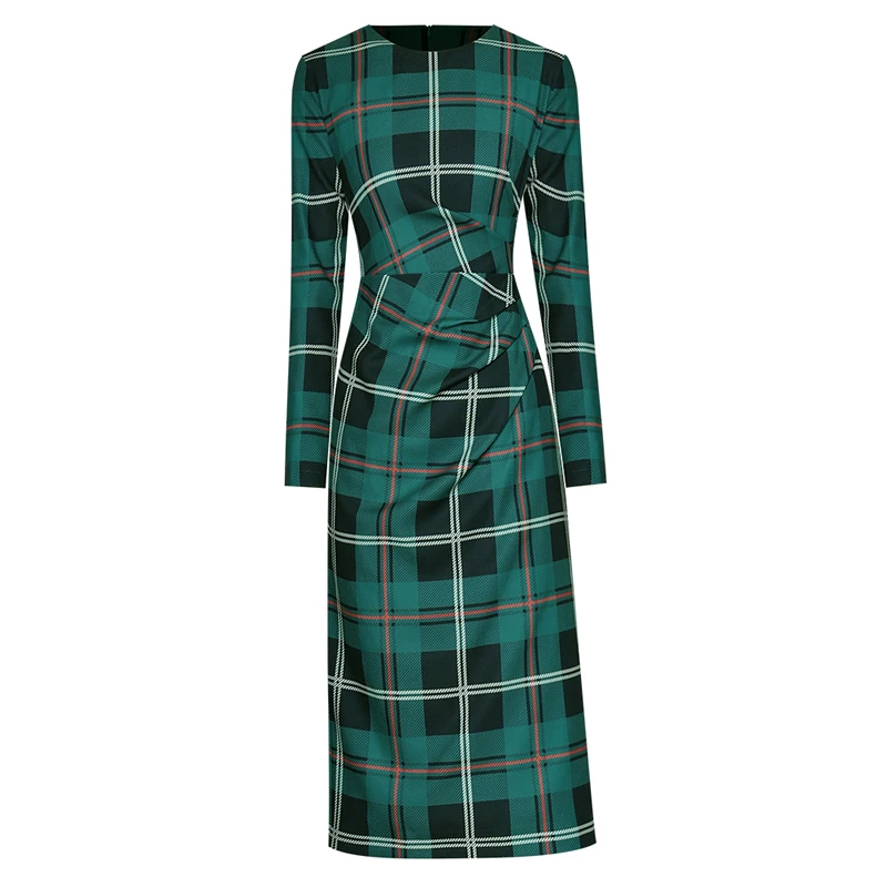 Kate Middleton Princess Plaid Dress Fashion O-Neck Women Long Sleeve Pleated Dresses 2186