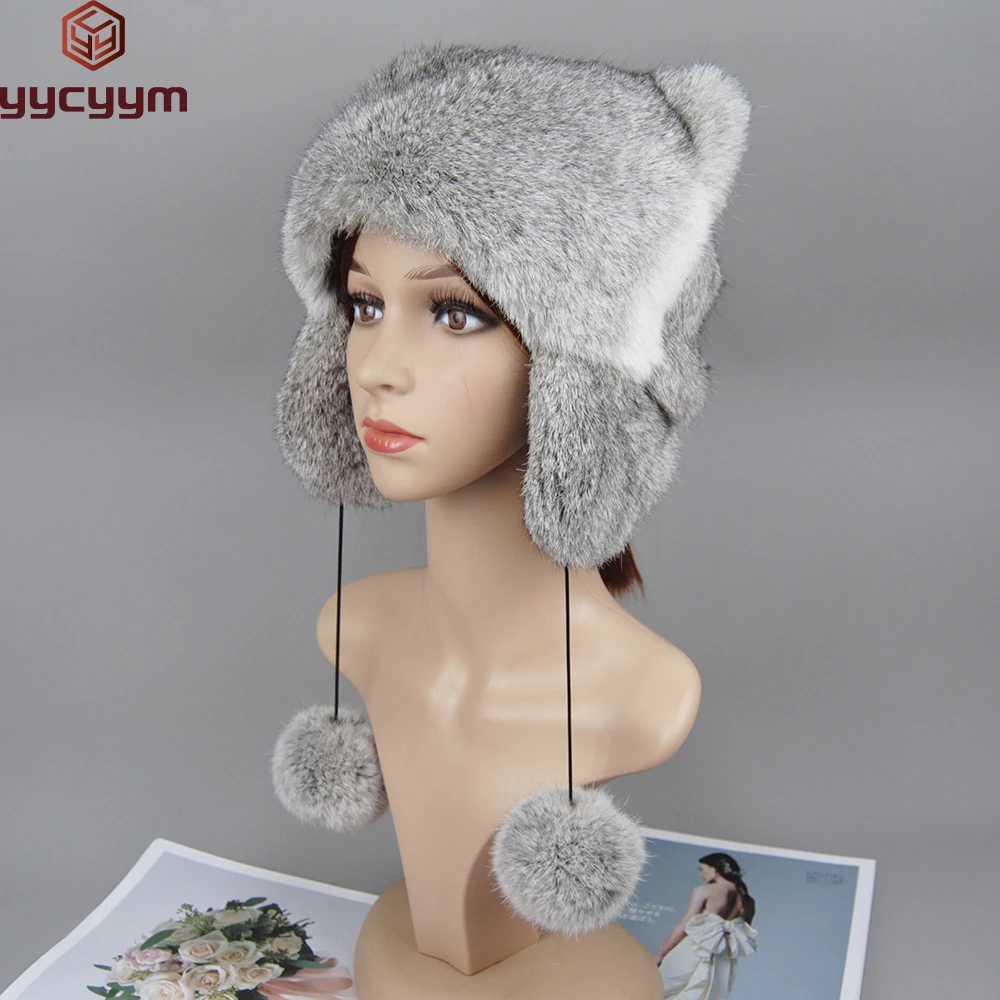 

2025 Russia Winter Real Fur Hat Women Real Natural Rabbit Fur Bomber Hats Lady Natural Warm 100% Genuine Rabbit Fur Cap