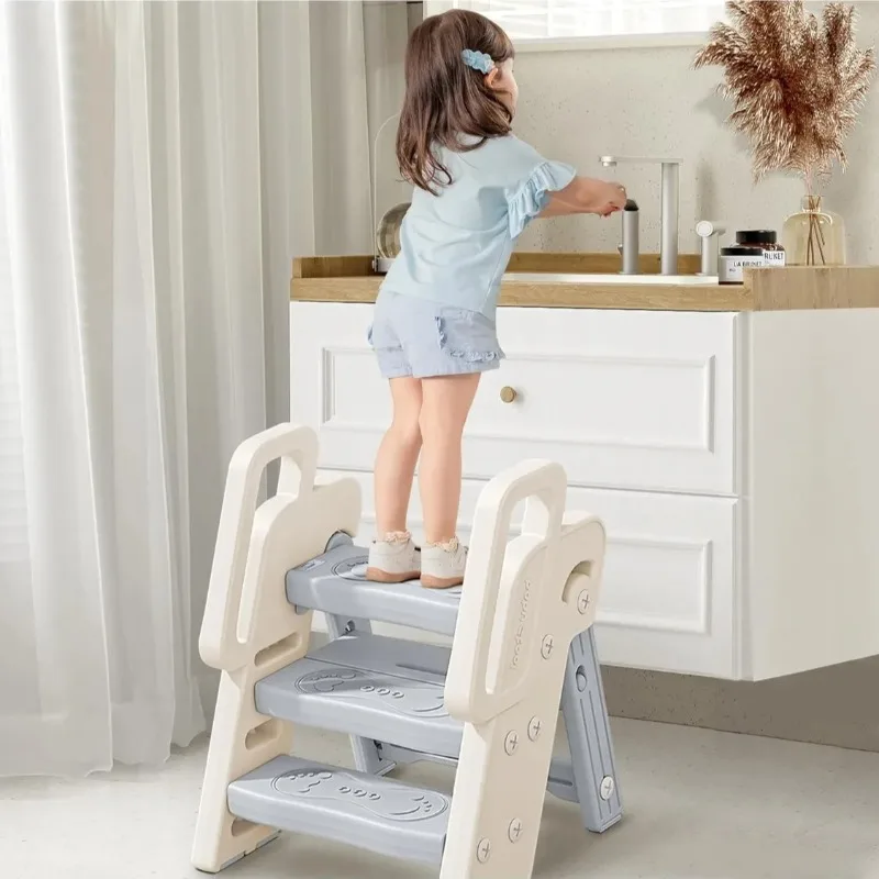Foldable Step Stool for Bathroom Sink Adjustable 2/3 Step for Kids with Handles Kitchen Counter Stool Helper Ladder for Toddlers
