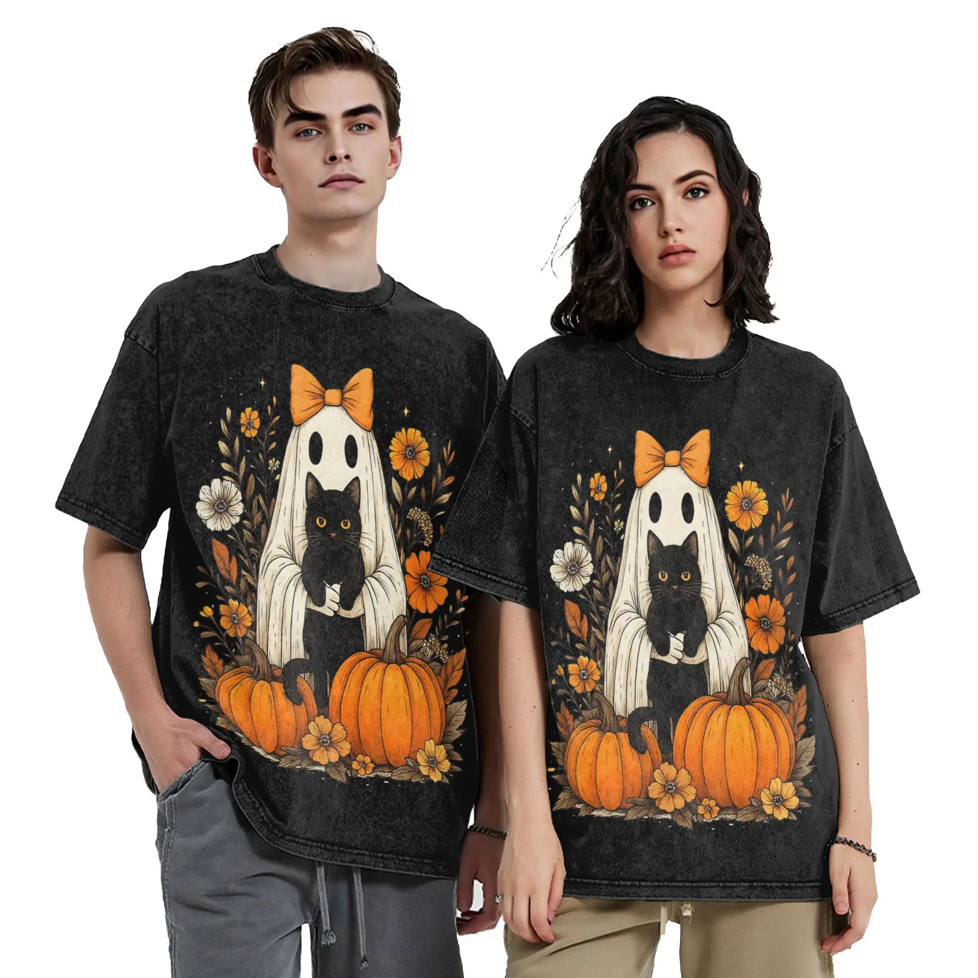 Halloween Ghost Holding Black Cat T Shirts Hip Hop Washed T-Shirts Groovy Floral Retro for Men Women Tops Graphic Printed Tees