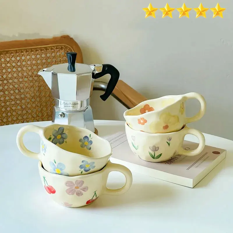 [Hot Sales] Hand-Hold Irregular Flower Ceramic Cup, Coffee Cup, Milk Tea Cup, Korean Atomic Breakfast Cup