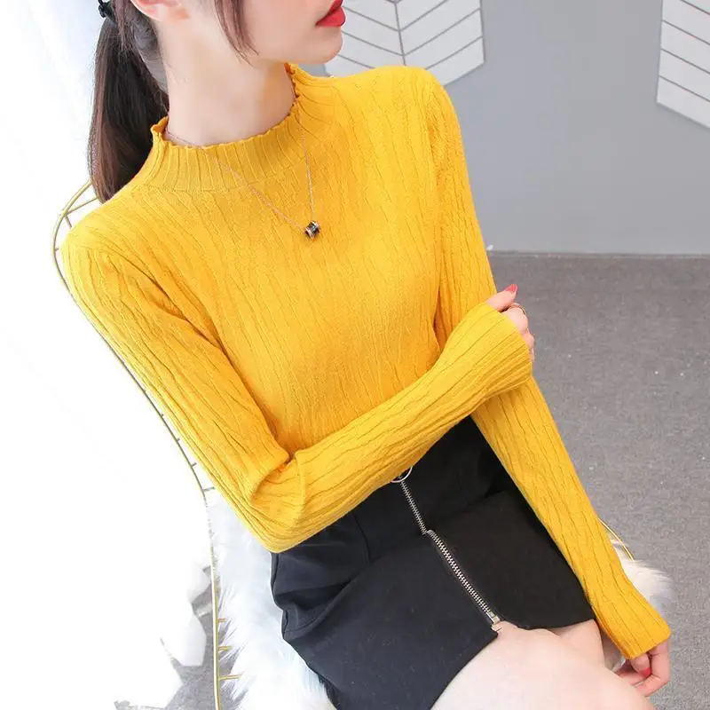 Autumn Winter Slim Simplicity Solid Long Sleeve Knitted T-shirt Women\'s Clothing Casual Korean Half High Collar Tops for Female