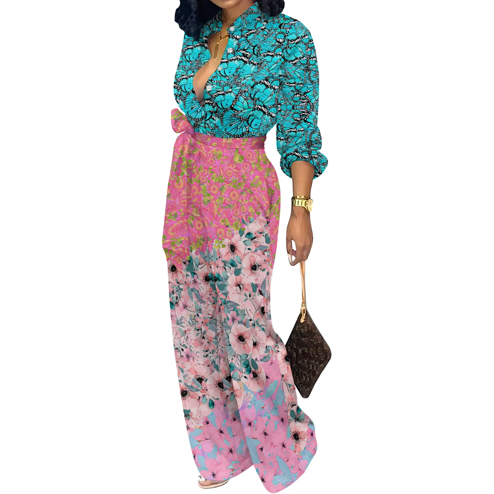 Women’s V Neck Colorblock Floral Print Jumpsuit Long Sleeve Belted Romper Elegant Party Outfit