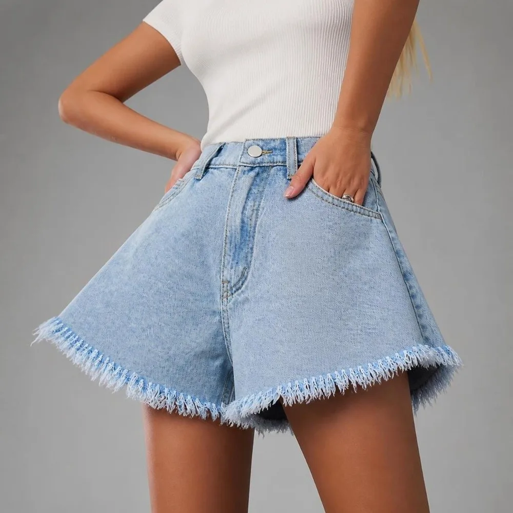 Fashion High Waist Fringe Denim Shorts Loose Fit Flared Frayed Jean Shorts Breathable Solid Color Women Cutoff Shorts Daily Wear