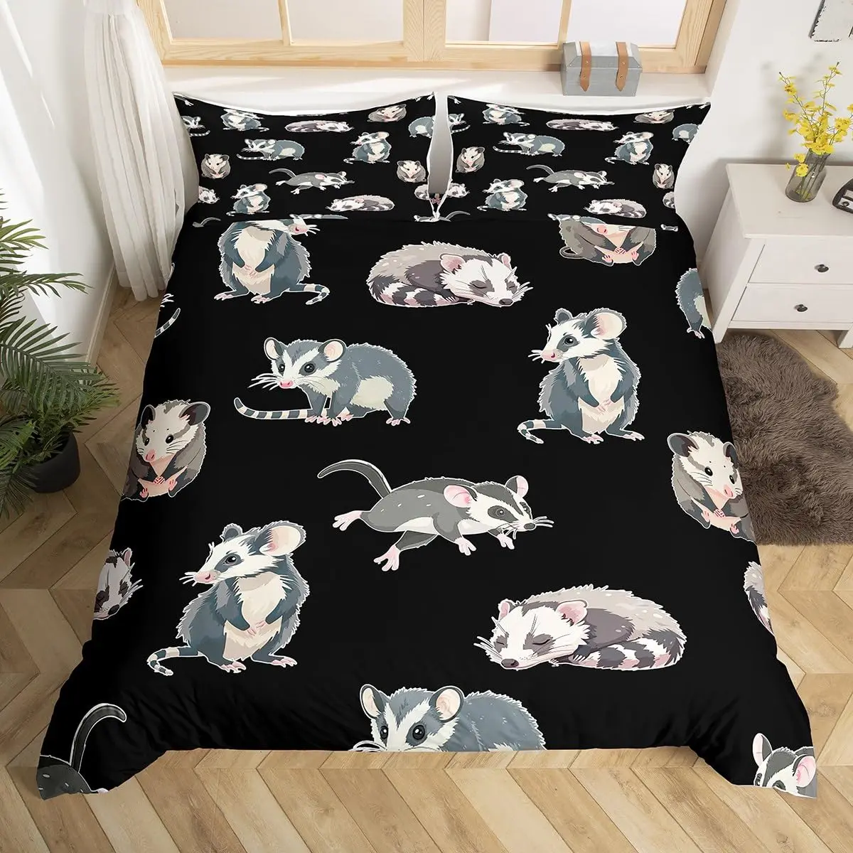 Grey Cartoon Rats Duvet Cover King Queen Stars Moon Bedding Set Kids Cute Animal Mouse Comforter Cover Starry Sky Quilt Cover