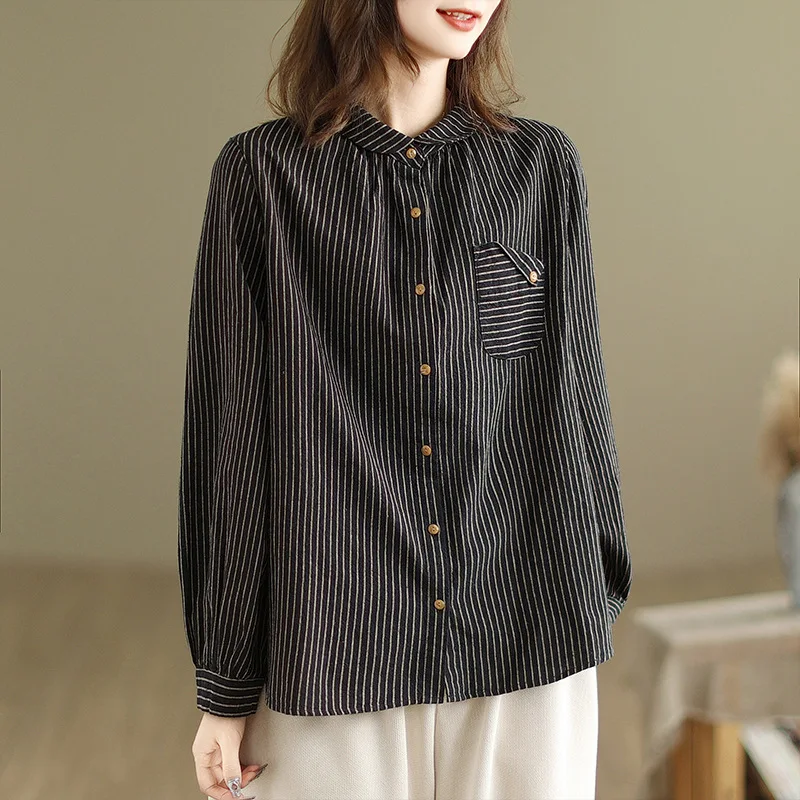 Camisa de manga larga a rayas de lino bohemio para mujer blusa ajustada holgada de talla grande